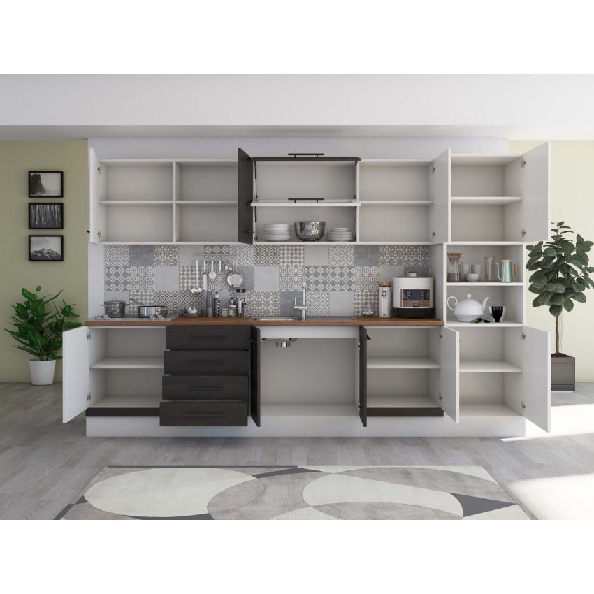 Bucatarie Alfa 320, wenge/alb, blat termic nuc, corp pentru cuptor incorporabil