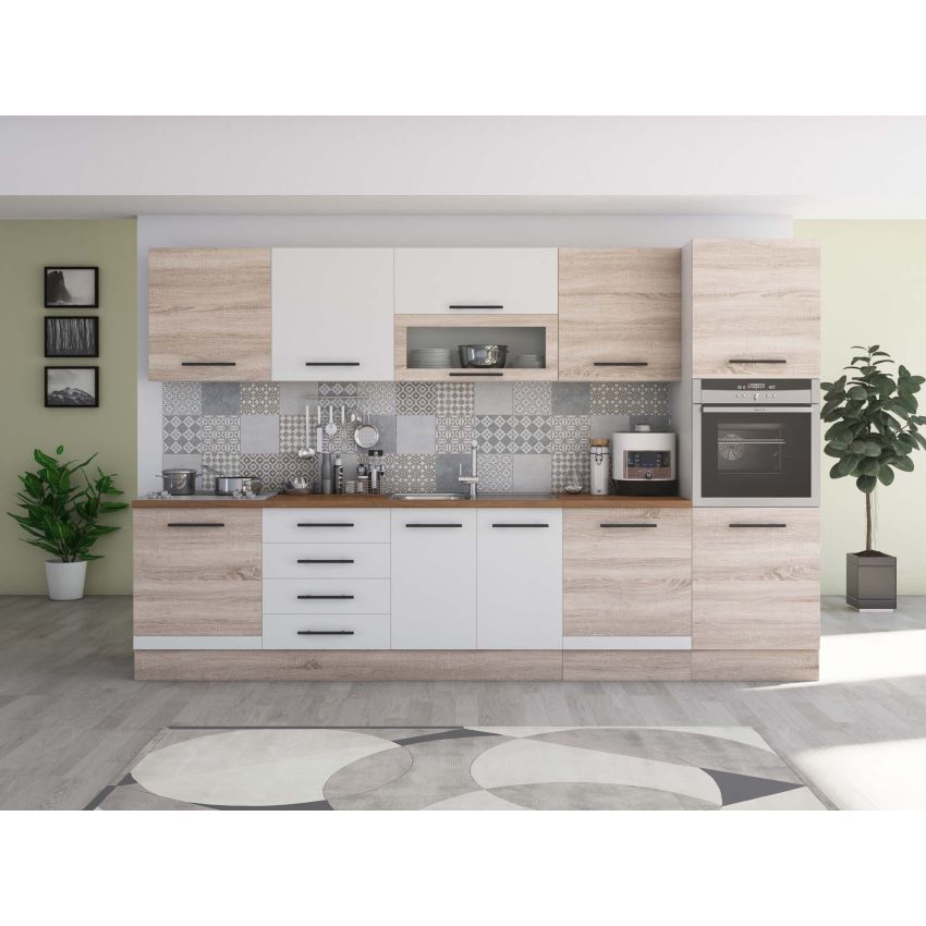 Bucatarie Alfa 320, alb/sonoma, blat termic nuc, corp pentru cuptor incorporabil