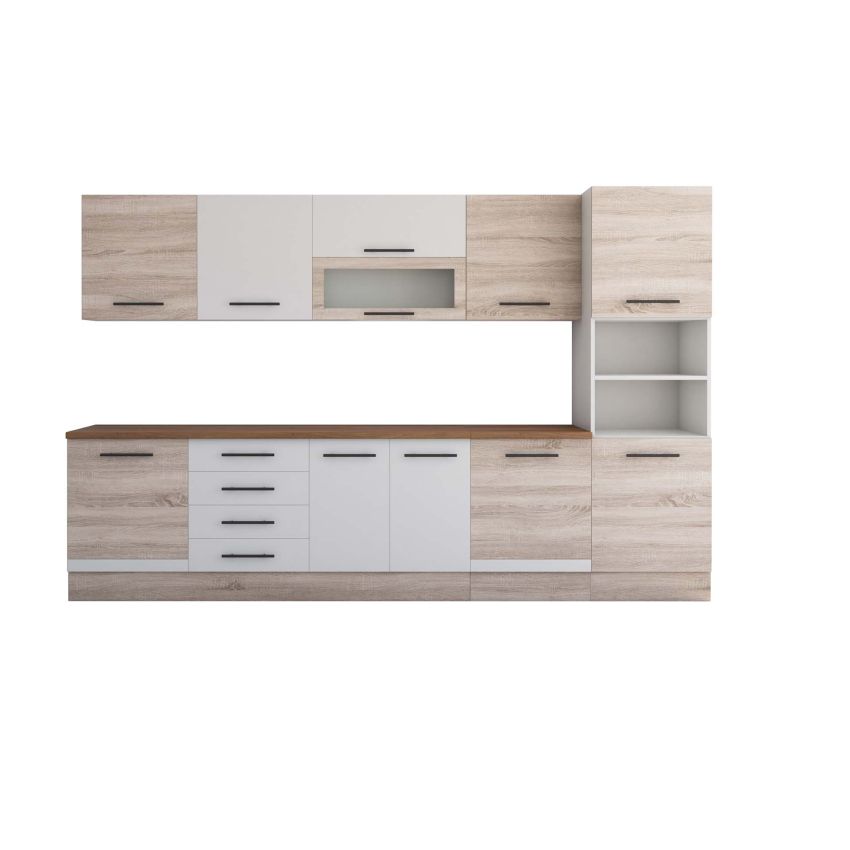 Bucatarie Alfa 320, alb/sonoma, blat termic nuc, corp pentru cuptor incorporabil