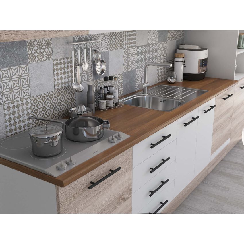 Bucatarie Alfa 320, alb/sonoma, blat termic nuc, corp pentru cuptor incorporabil
