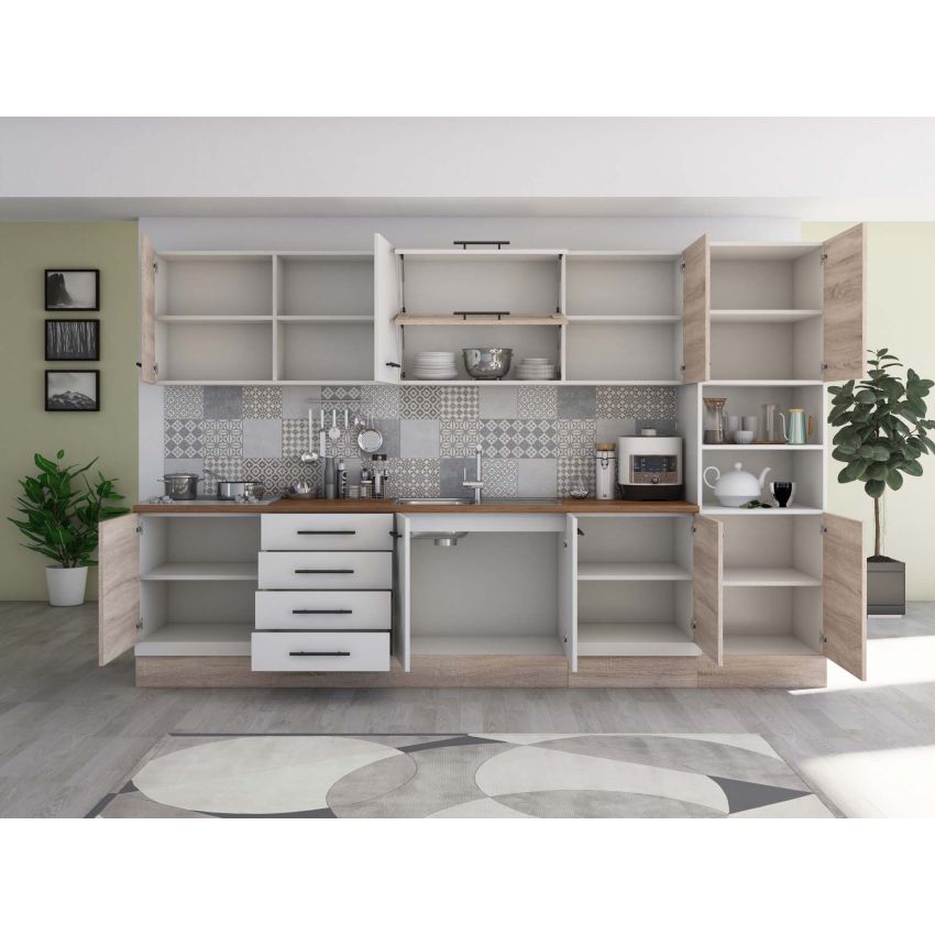 Bucatarie Alfa 320, alb/sonoma, blat termic nuc, corp pentru cuptor incorporabil