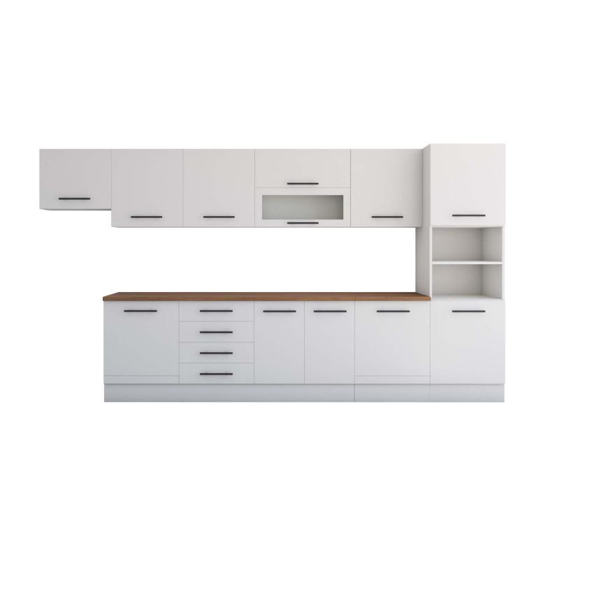 Bucatarie Alfa 380, alb, blat termic nuc, corp hota, soldat