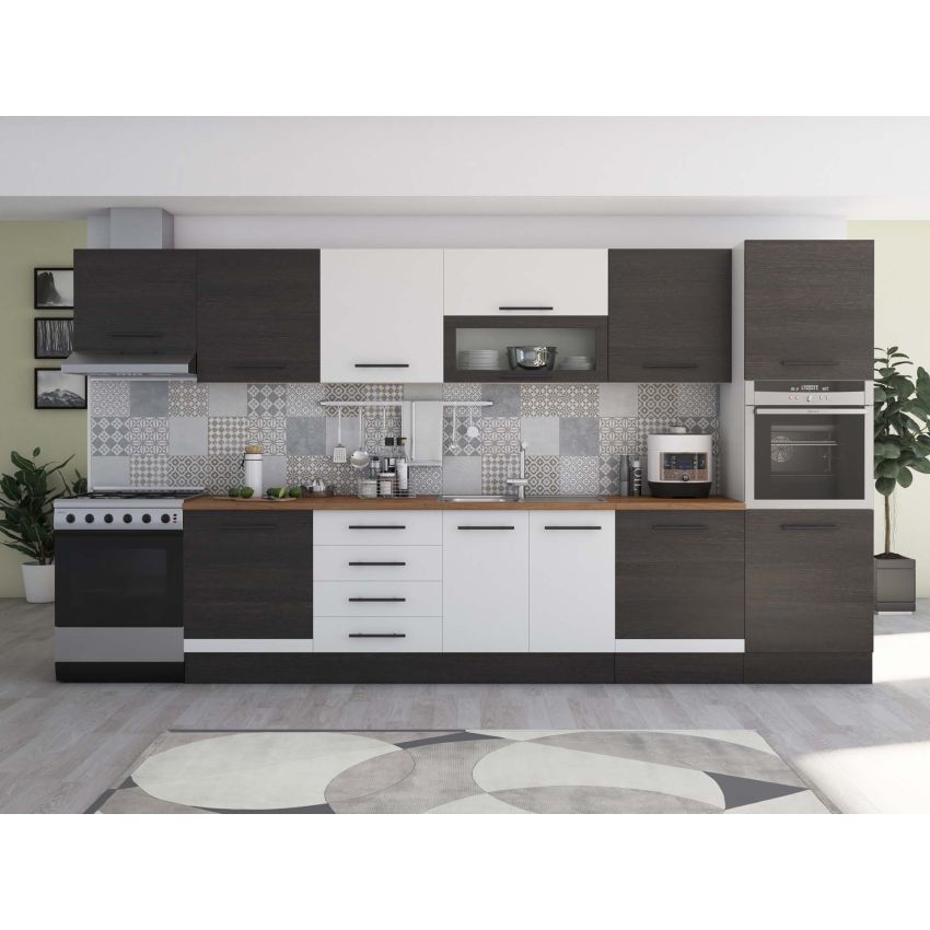 Bucatarie Alfa 380, alb/wenge, blat termic nuc, corp hota, soldat