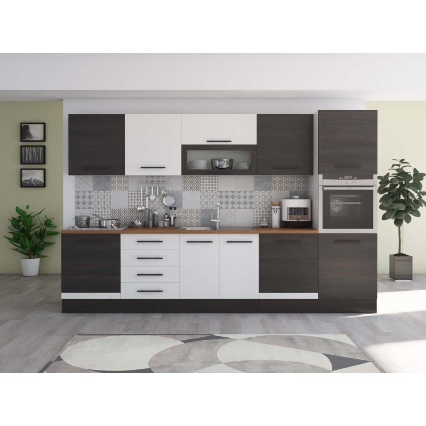 Bucatarie Alfa 320, alb/wenge, blat termic nuc, corp pentru cuptor incorporabil
