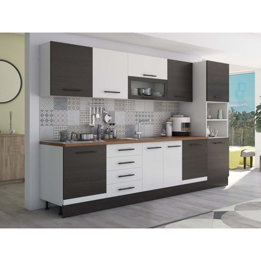 Bucatarie Alfa 320, alb/wenge, blat termic nuc, corp pentru cuptor incorporabil