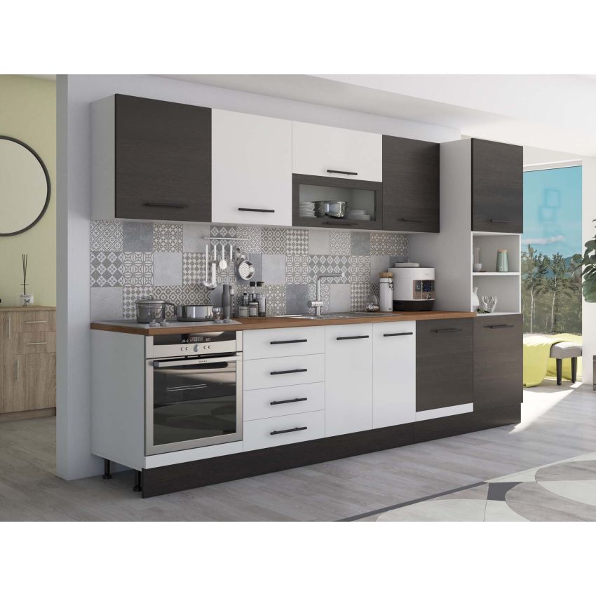 Bucatarie Alfa 320, alb/wenge, blat termic nuc, corp pentru cuptor incorporabil