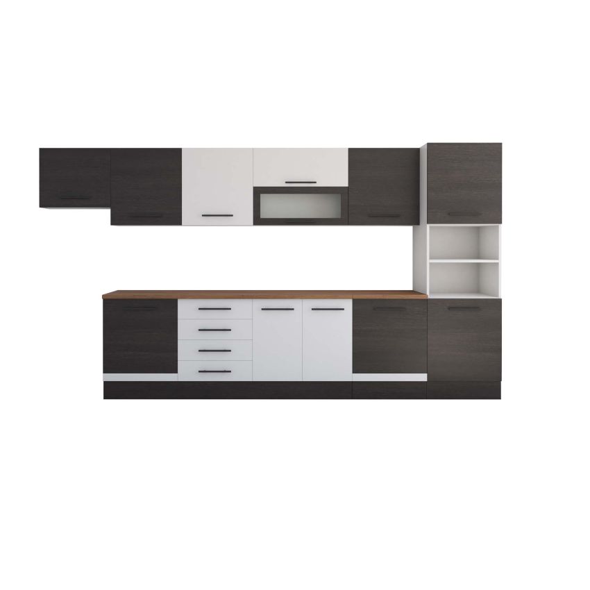 Bucatarie Alfa 380, alb/wenge, blat termic nuc, corp hota, soldat