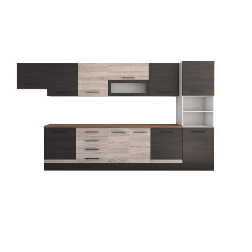 Bucatarie Alfa 380, sonoma/wenge, blat termic nuc, corp hota, soldat