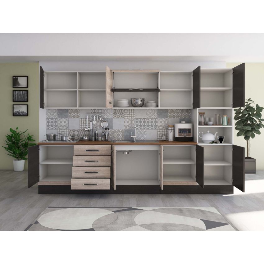 Bucatarie Alfa 320, sonoma/wenge, blat termic nuc, corp pentru cuptor incorporabil