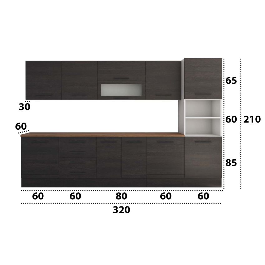 Bucatarie Alfa 320, wenge, blat termic nuc, corp pentru cuptor incorporabil