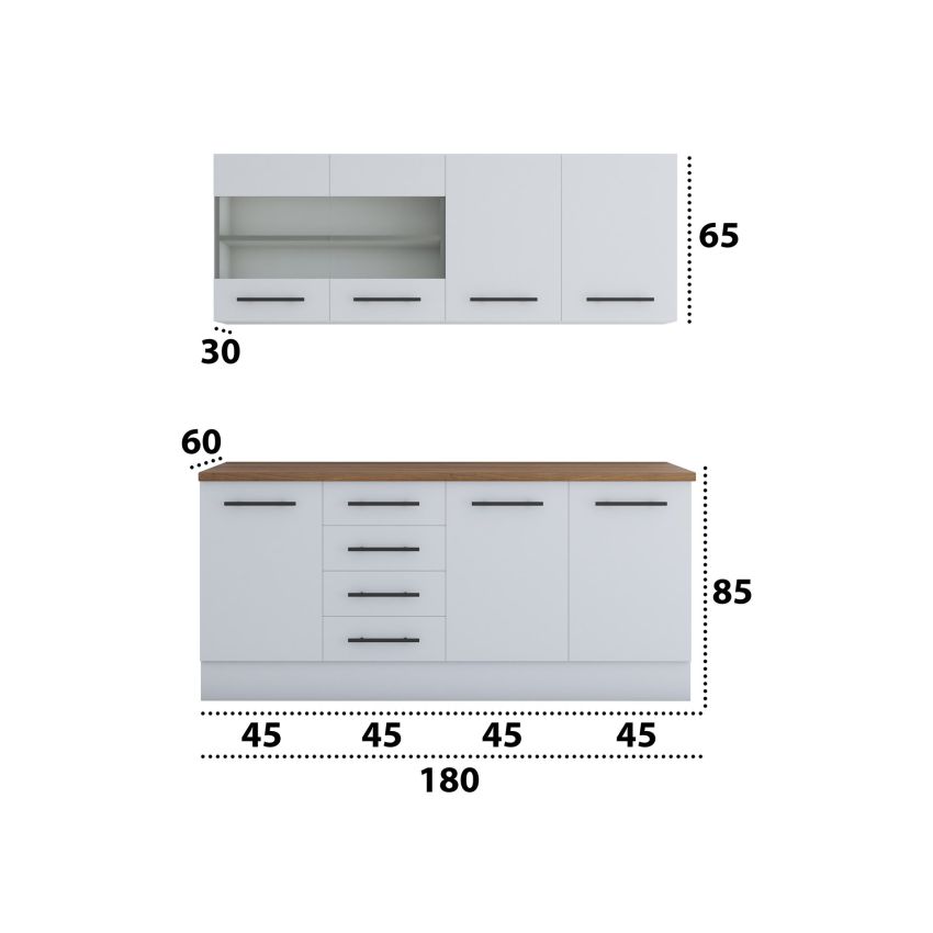 Bucatarie Alfa 180, Cu vitrina, Alb, Blat termic nuc