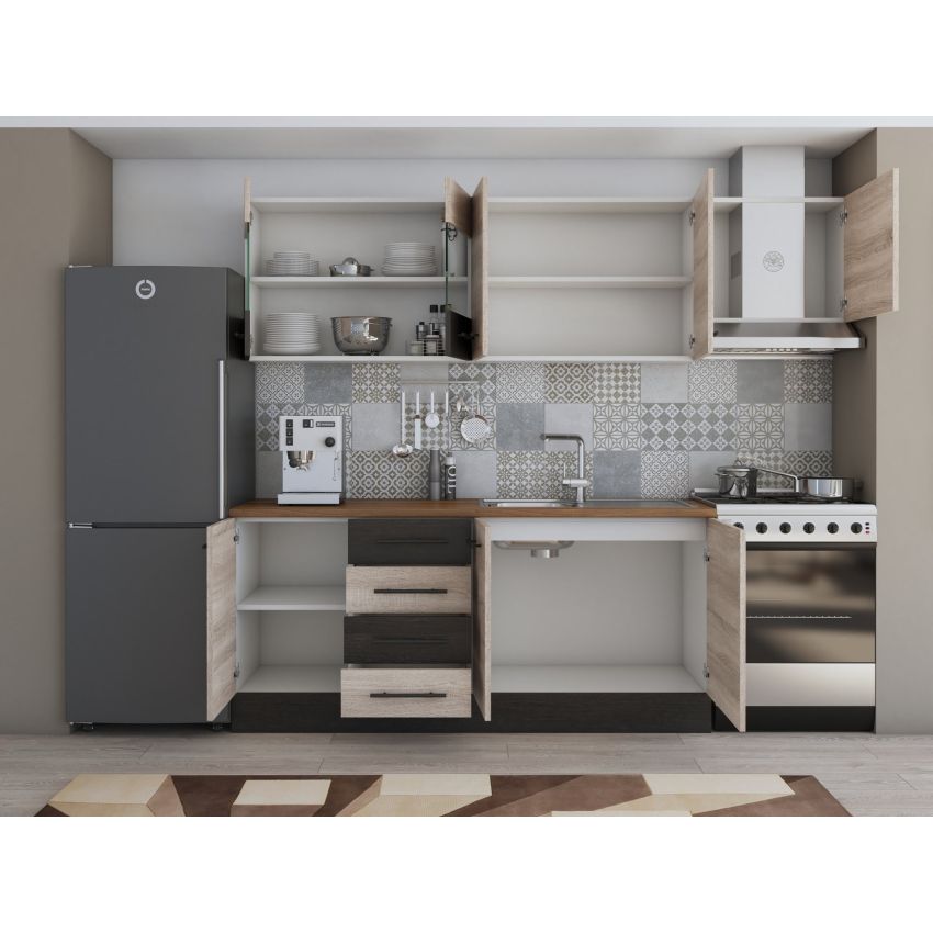 Bucatarie Alfa 240, Corp hota, Cu vitrina, Sonoma/Wenge, Blat termic nuc