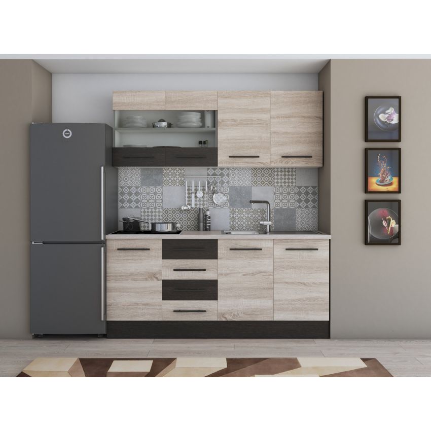 Bucatarie Alfa 180, Cu vitrina, Wenge/Alb, Blat termic travertin