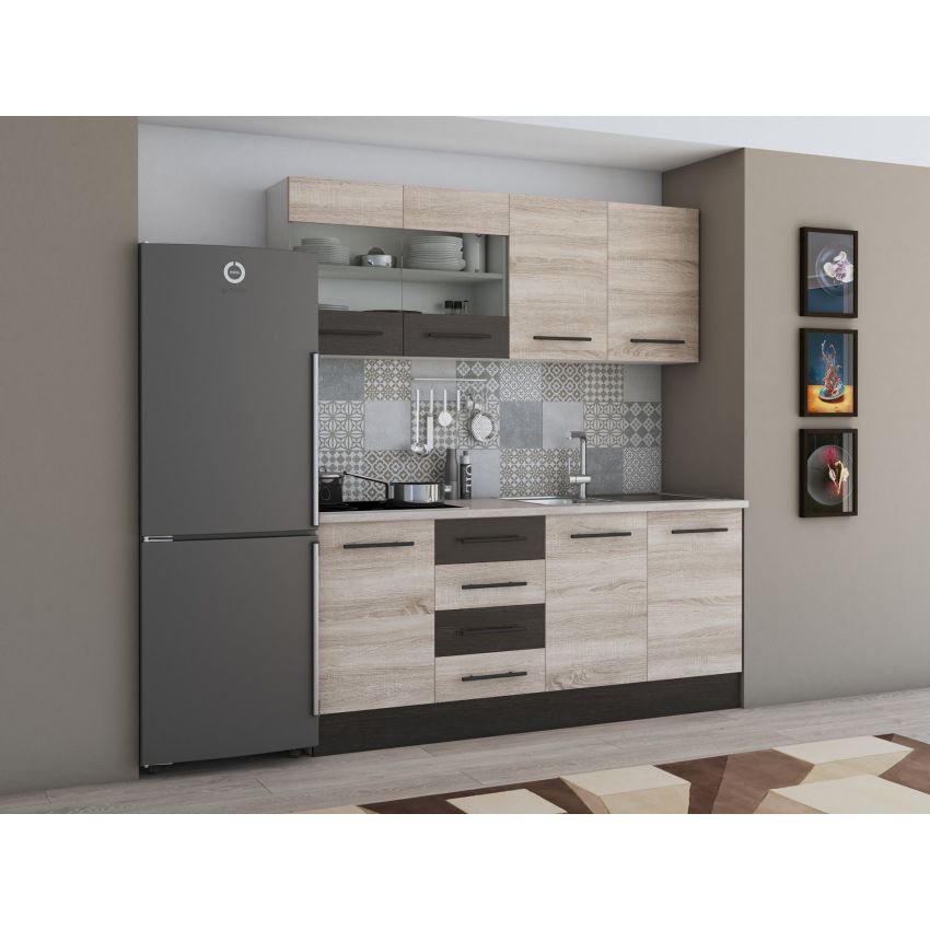 Bucatarie Alfa 180, Cu vitrina, Sonoma/Wenge, Blat termic travertin