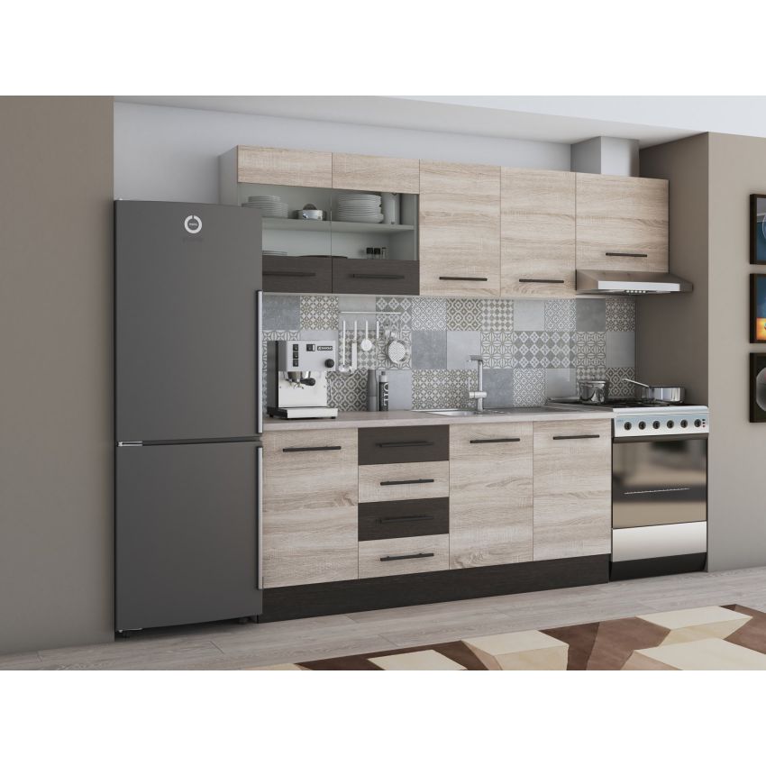 Bucatarie Alfa 240, Corp hota, Cu vitrina, Sonoma/Wenge, Blat termic travertin