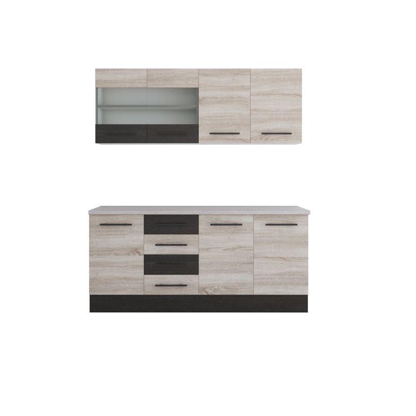 Bucatarie Alfa 180, Cu vitrina, Sonoma/Wenge, Blat termic travertin
