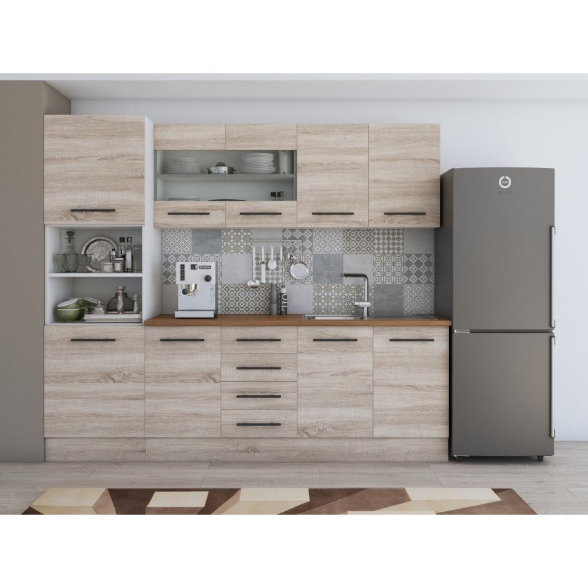 Bucatarie Alfa 240, Soldat, Cu vitrina, Alb, Blat termic nuc