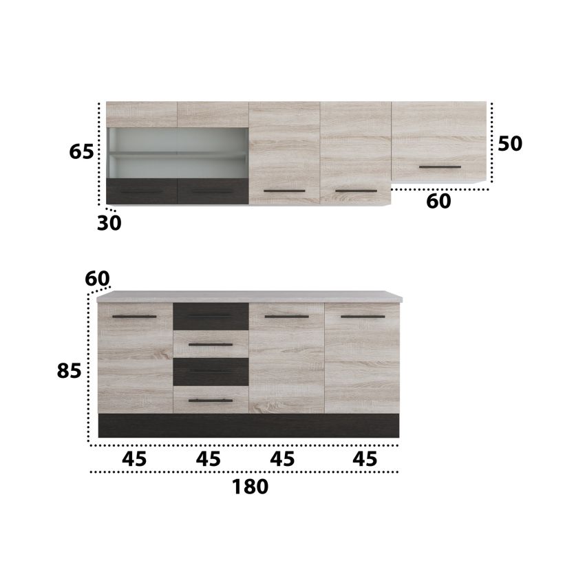Bucatarie Alfa 240, Corp hota, Cu vitrina, Sonoma/Wenge, Blat termic travertin
