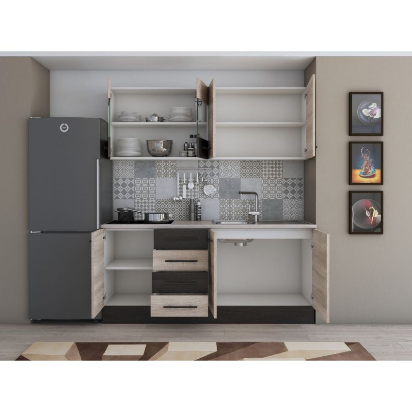 Bucatarie Alfa 180, Cu vitrina, Sonoma/Wenge, Blat termic travertin