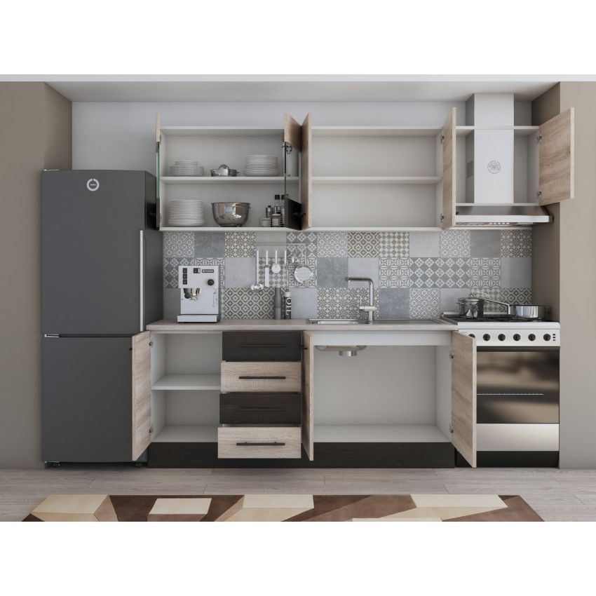 Bucatarie Alfa 240, Corp hota, Cu vitrina, Sonoma/Wenge, Blat termic travertin