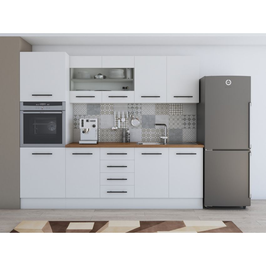 Bucatarie Alfa 240, Soldat, Cu vitrina, Alb, Blat termic nuc