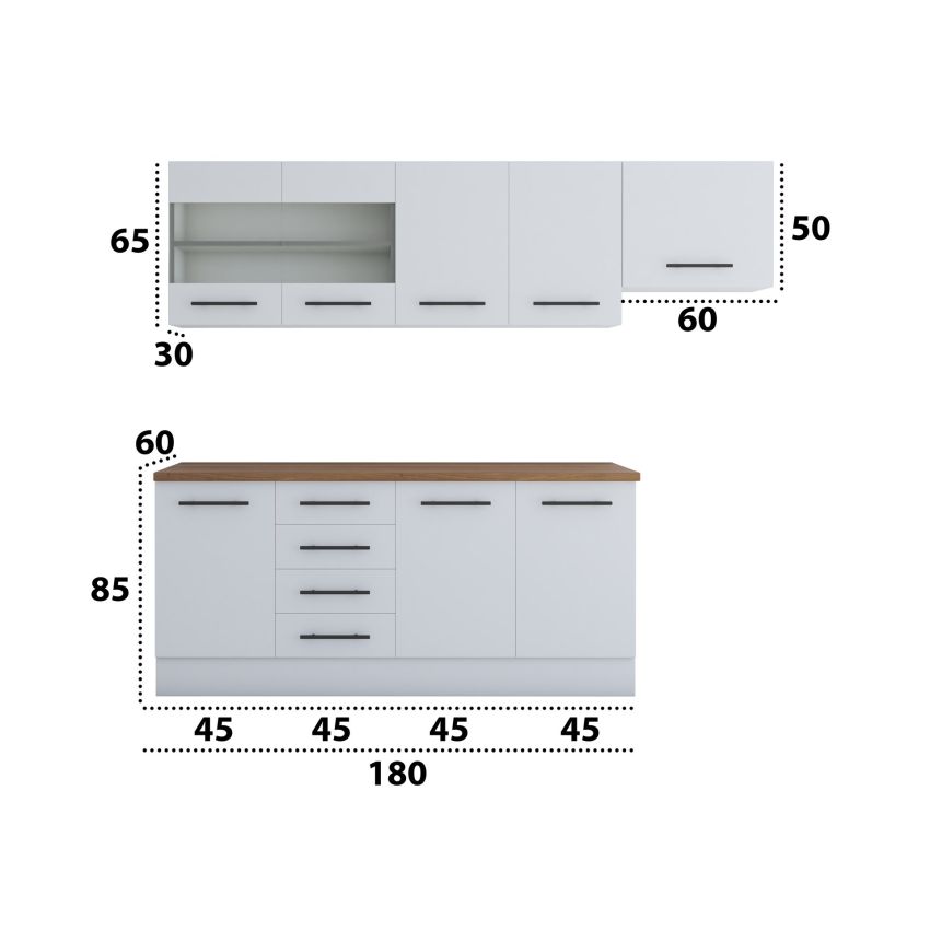 Bucatarie Alfa 240, Corp hota, Cu vitrina, Alb, Blat termic nuc
