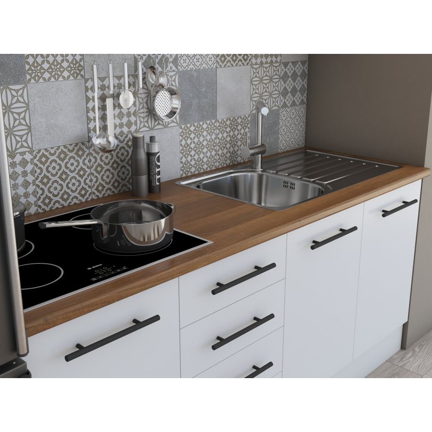 Bucatarie Alfa 180, Cu vitrina, Alb, Blat termic nuc