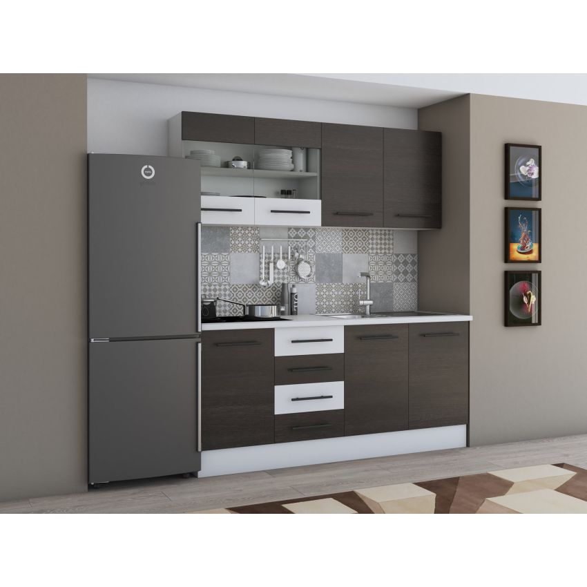 Bucatarie Alfa 180, Cu vitrina, Wenge/Alb, Blat termic alb