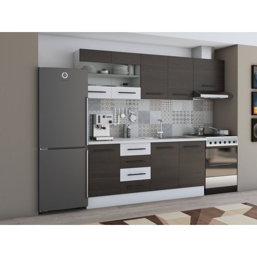 Bucatarie Alfa 240, Corp hota, Cu vitrina, Wenge/Alb, Blat termic alb