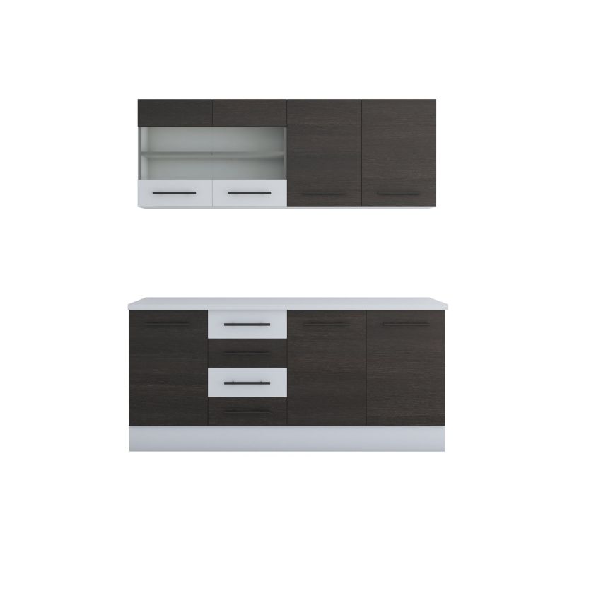 Bucatarie Alfa 180, Cu vitrina, Wenge/Alb, Blat termic alb