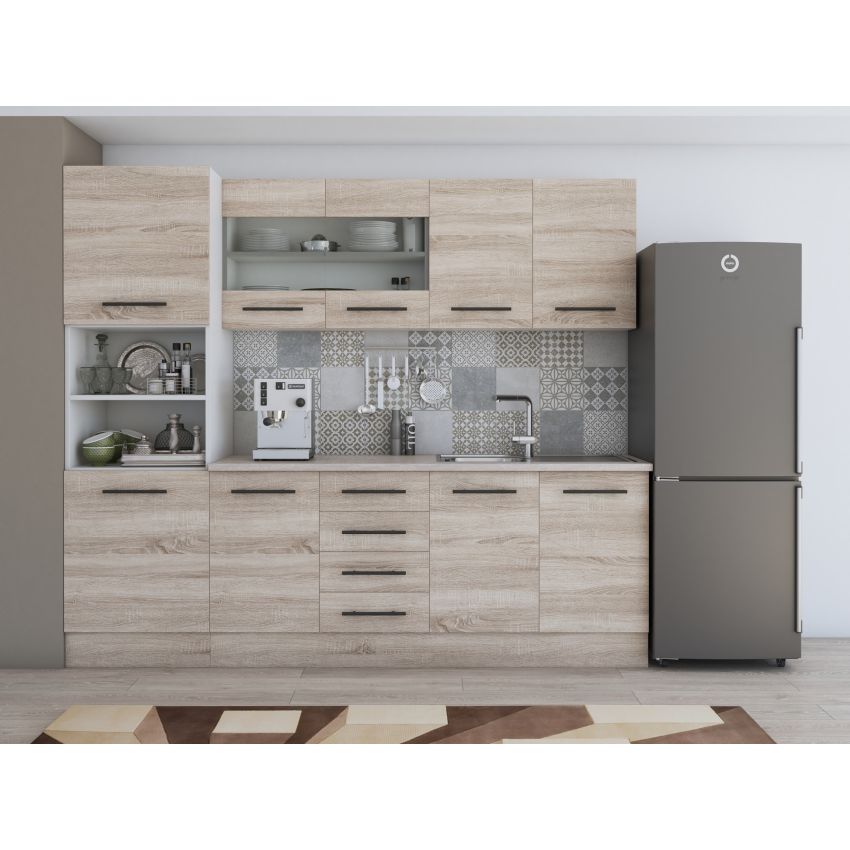 Bucatarie Alfa 240, Soldat, Cu vitrina, Alb, Blat termic travertin