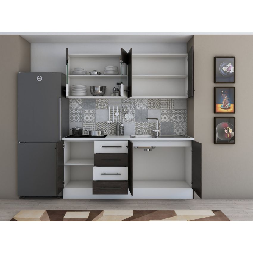 Bucatarie Alfa 180, Cu vitrina, Wenge/Alb, Blat termic alb