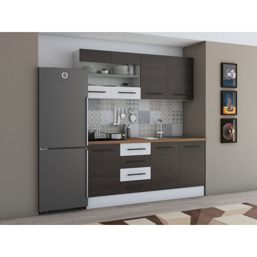Bucatarie Alfa 180, Cu vitrina, Wenge/Alb, Blat termic nuc
