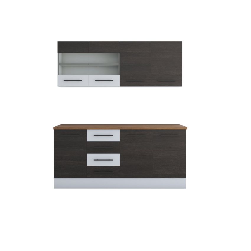 Bucatarie Alfa 180, Cu vitrina, Wenge/Alb, Blat termic nuc