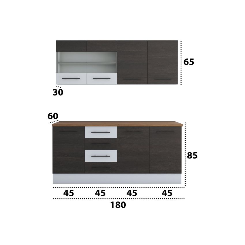 Bucatarie Alfa 180, Cu vitrina, Wenge/Alb, Blat termic nuc