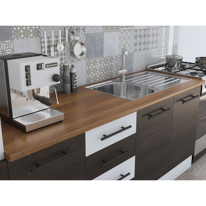 Bucatarie Alfa 300, corp hota si soldat, cu vitrina, wenge/alb, blat termic nuc
