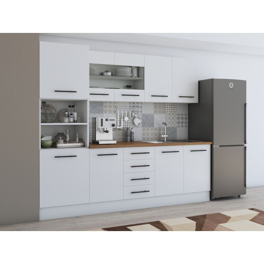 Bucatarie Alfa 240, Soldat, Cu vitrina, Alb, Blat termic nuc