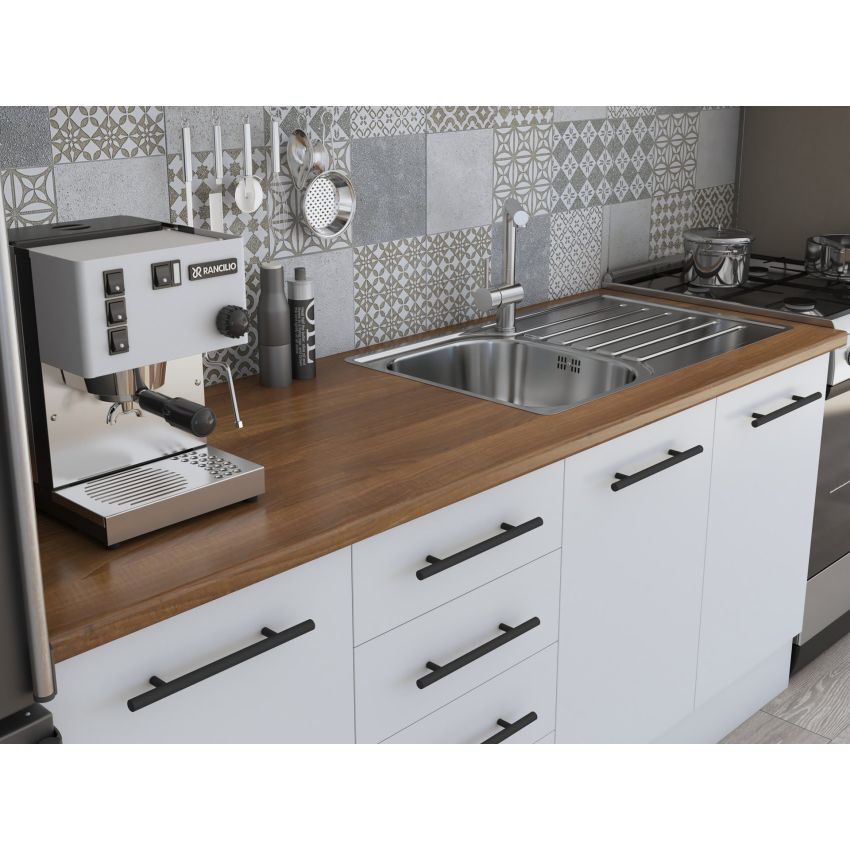 Bucatarie Alfa 240, Corp hota, Cu vitrina, Alb, Blat termic nuc