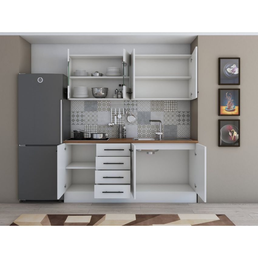Bucatarie Alfa 180, Cu vitrina, Alb, Blat termic nuc