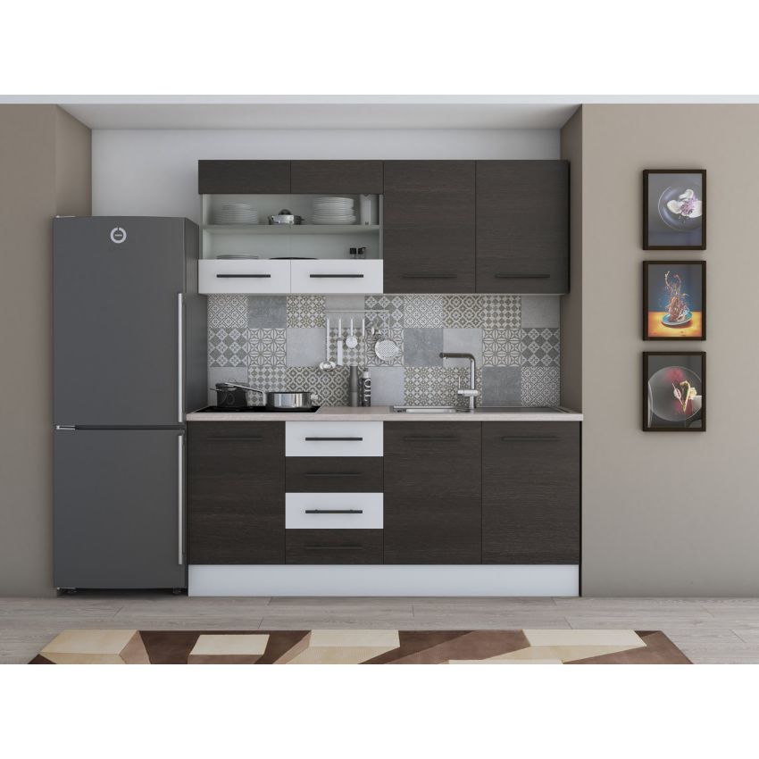 Bucatarie Alfa 180, Cu vitrina, Wenge/Alb, Blat termic travertin