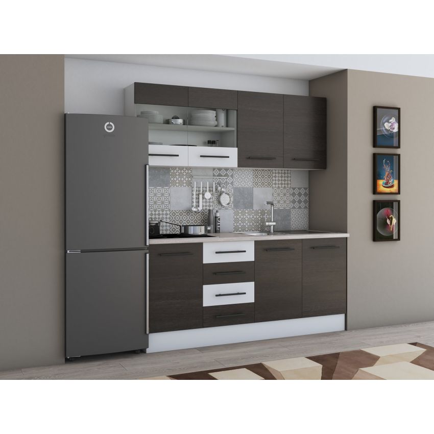 Bucatarie Alfa 180, Cu vitrina, Wenge/Alb, Blat termic travertin