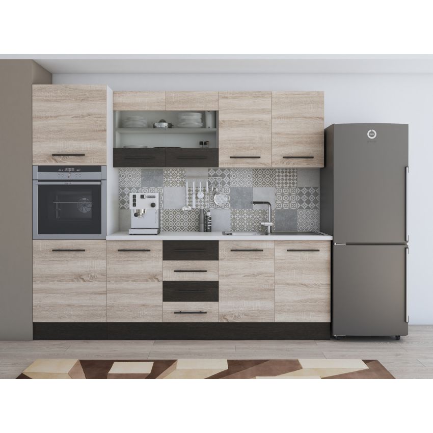 Bucatarie Alfa 240, Soldat, Cu vitrina, Sonoma/Wenge, Blat termic alb