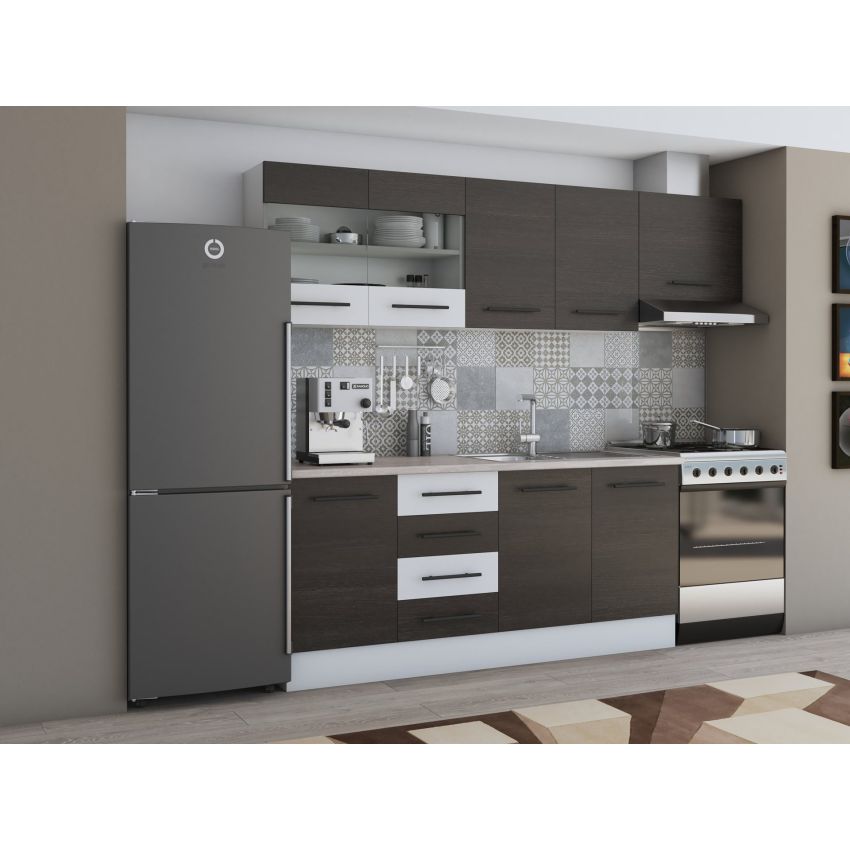 Bucatarie Alfa 240, Corp hota, Cu vitrina, Wenge/Alb, Blat termic travertin