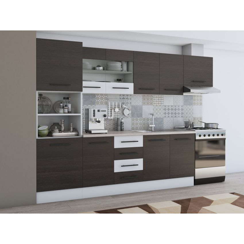 Bucatarie Alfa 300, corp hota si soldat, cu vitrina, wenge/alb, blat termic travertin