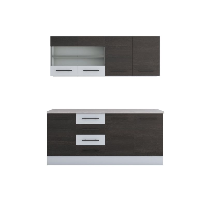 Bucatarie Alfa 180, Cu vitrina, Wenge/Alb, Blat termic travertin