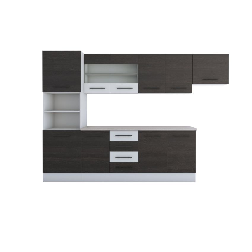 Bucatarie Alfa 300, corp hota si soldat, cu vitrina, wenge/alb, blat termic travertin