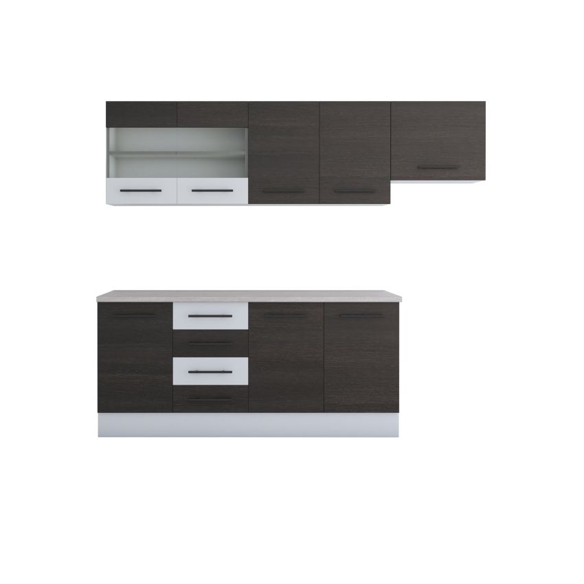 Bucatarie Alfa 240, Corp hota, Cu vitrina, Wenge/Alb, Blat termic travertin
