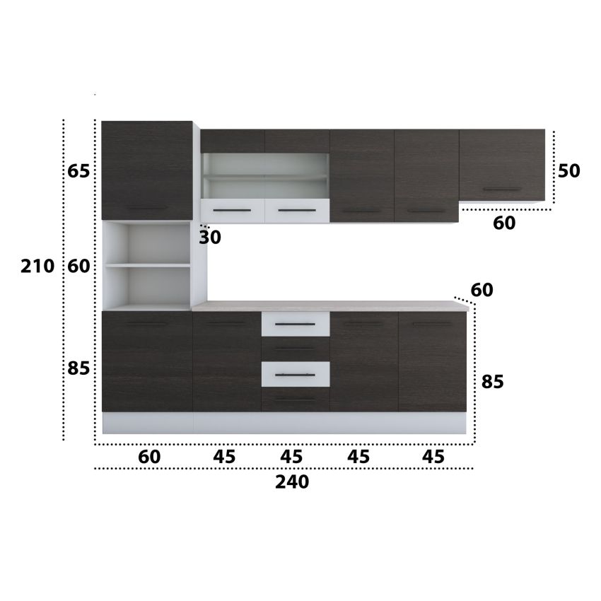 Bucatarie Alfa 300, corp hota si soldat, cu vitrina, wenge/alb, blat termic travertin