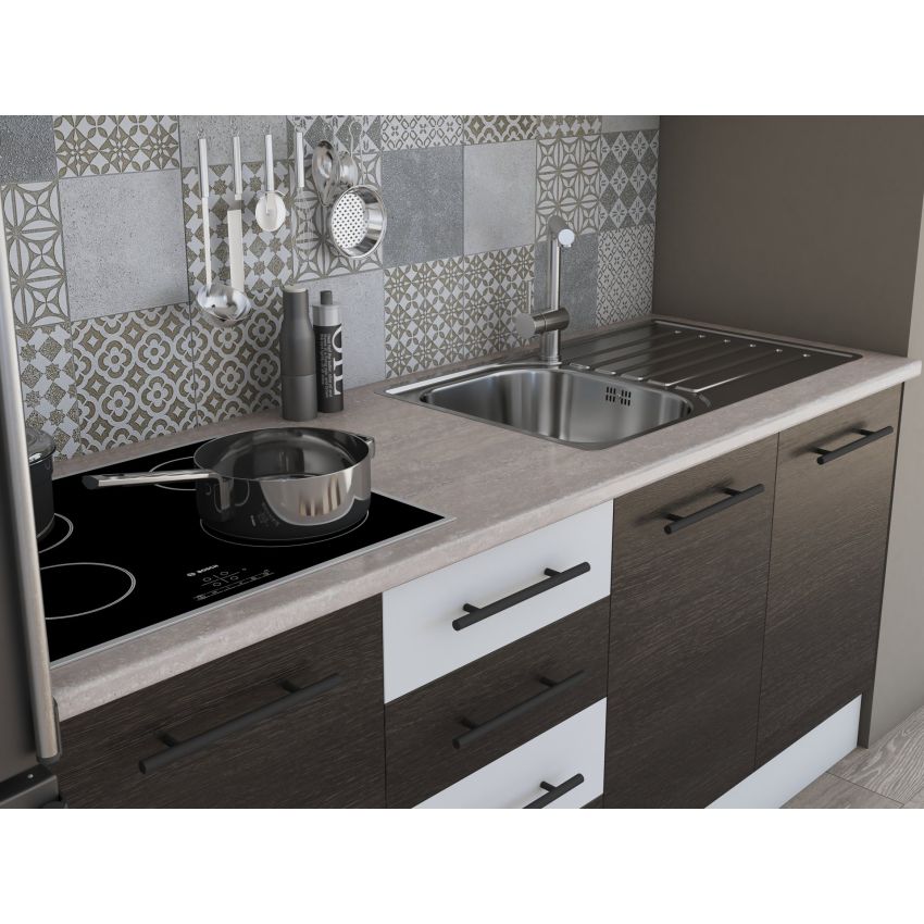 Bucatarie Alfa 180, Cu vitrina, Wenge/Alb, Blat termic travertin