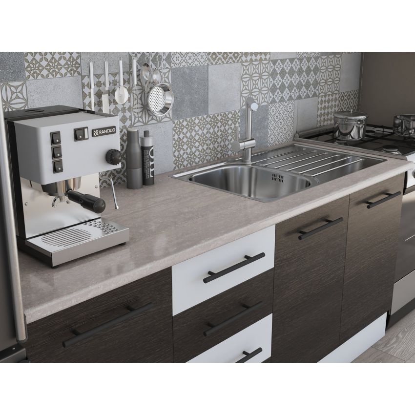 Bucatarie Alfa 240, Corp hota, Cu vitrina, Wenge/Alb, Blat termic travertin